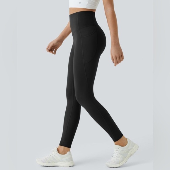 HALARA SoCinched High Waisted Black Tummy Control Leggings Side Pocket Medium - Picture 1 of 10